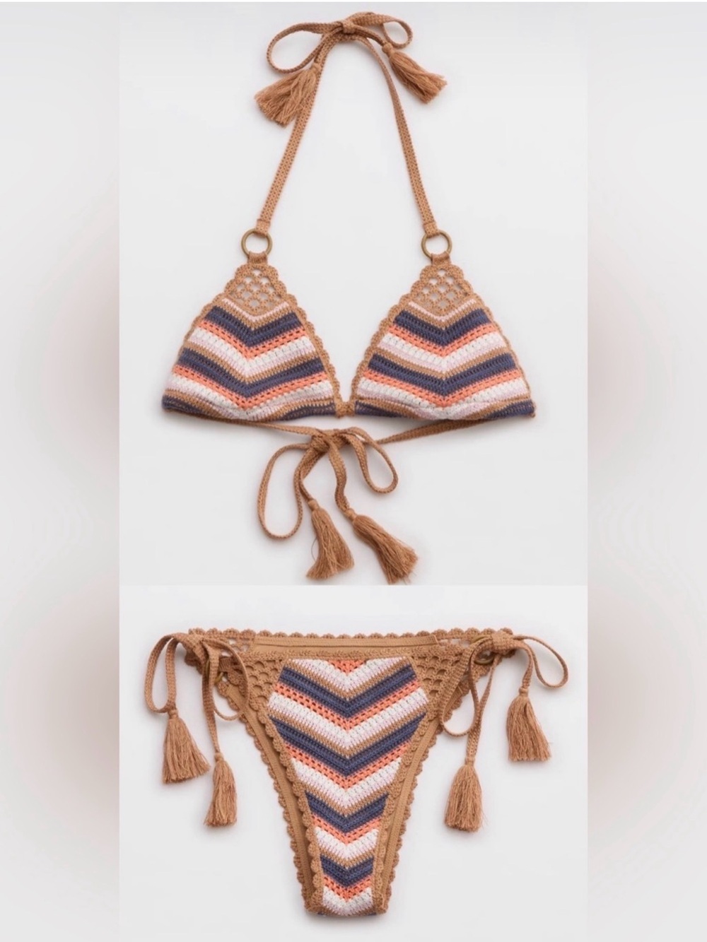 Aerie Crochet Bikini Set Large Brown Blue Chevron Tassel Boho Swim swim suit